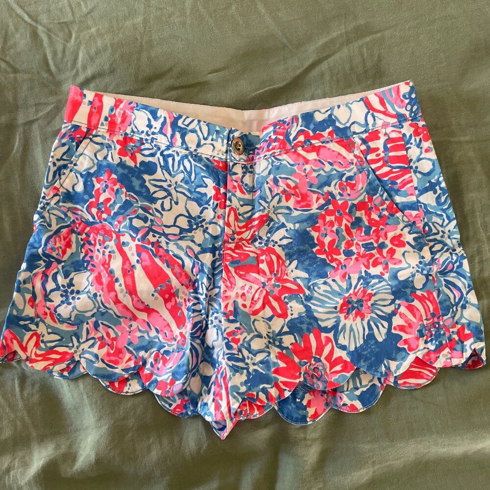Lilly Pulitzer 5" Scalloped Hem Buttercup Shorts in Red, White, Blue & Hot Pink